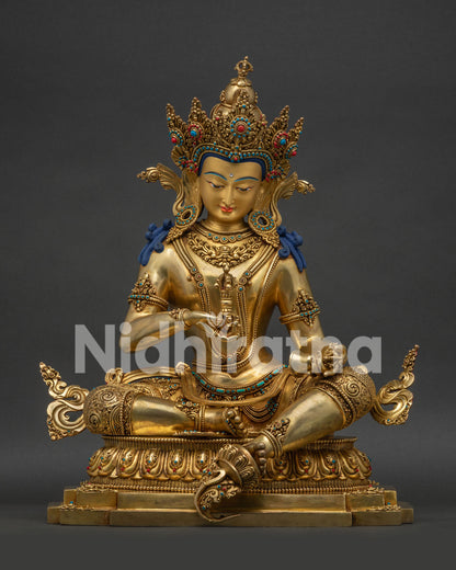 Handmade Vajrasattva Statue - 24K Gold Fire-Gilded Copper Sculpture, front view