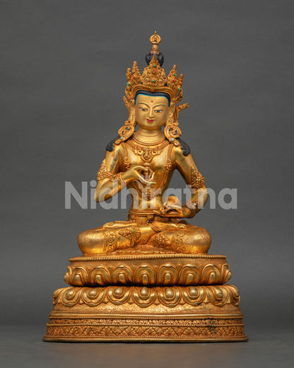 Handmade Vajrasattva statue with 24K gold fire-gilding, seated on a double lotus pedestal with vajra and bell