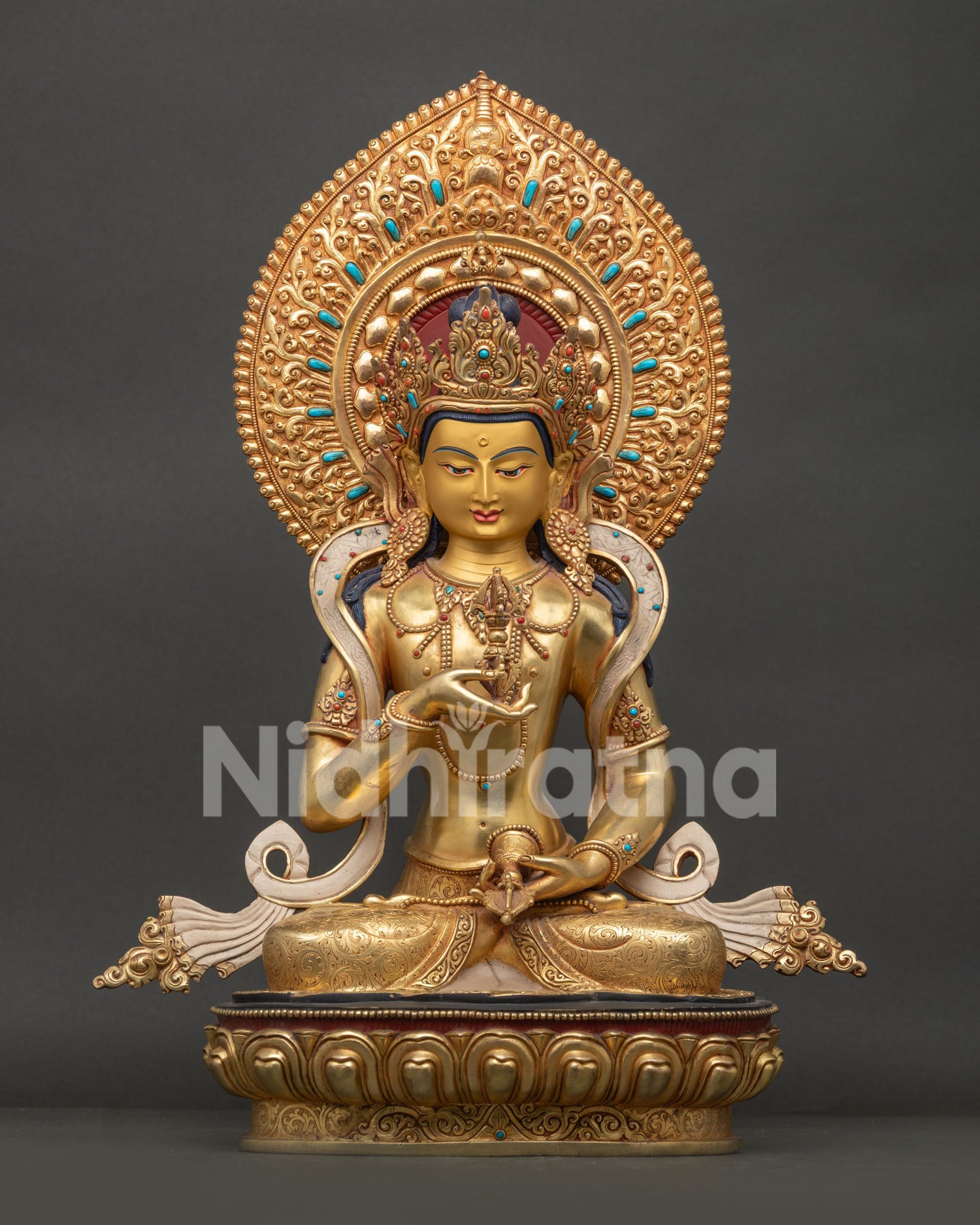 Handmade Vajrasattva Statue with 24K Gold Gilding and Turquoise Coral Inlay
