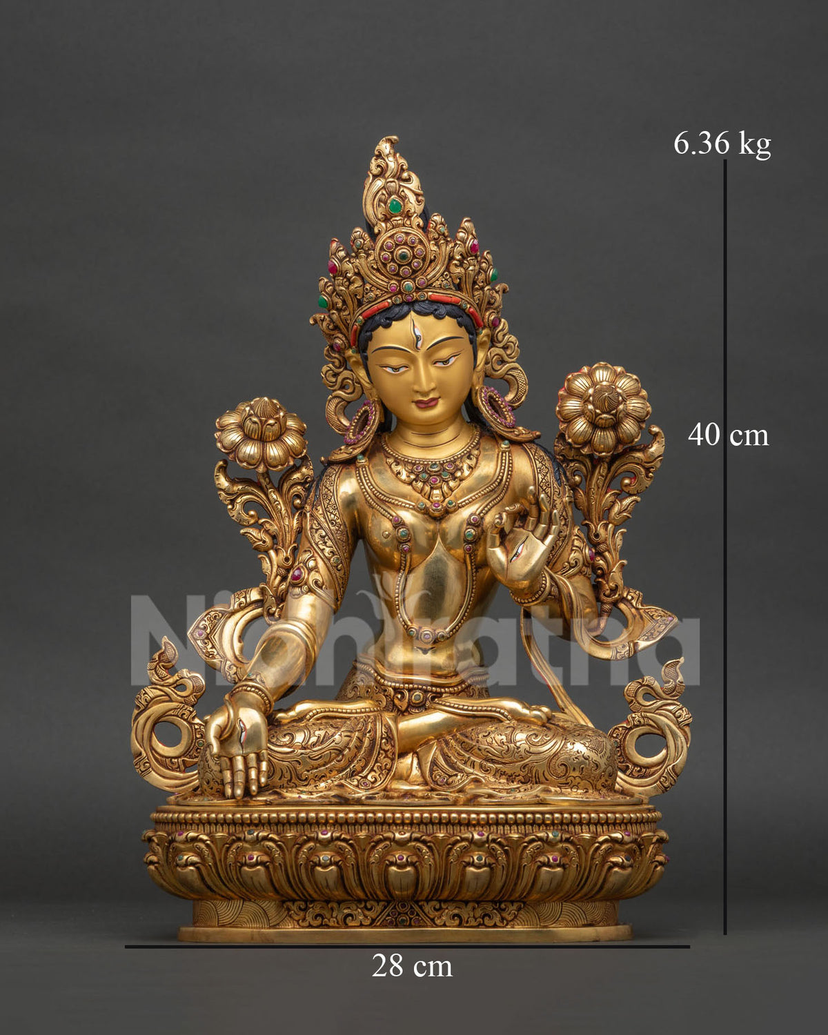Handmade White Tara Statue front view, gold-gilded copper Tibetan Buddhist deity from Nepal