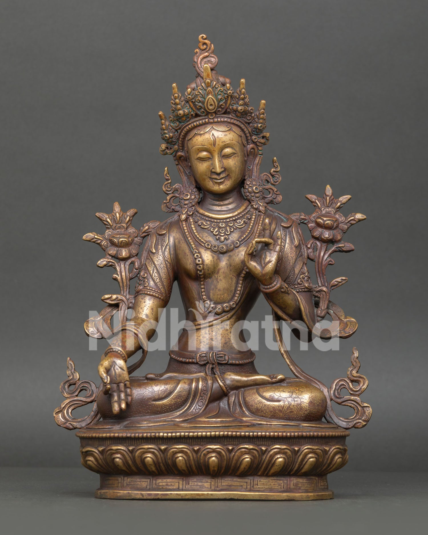 Handmade White Tara statue front view with antique copper finish and lotus throne