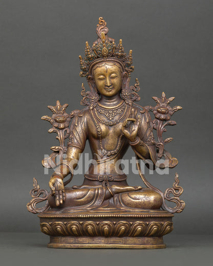 Handmade White Tara statue front view with antique copper finish and lotus throne