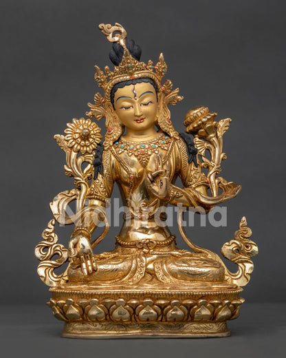 Handmade White Tara Statue with 24K Gold Gilding, Seated on Lotus Throne