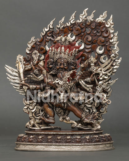 Hayagriva copper statue front view, three wrathful faces, flaming halo, Newari oxidized finish