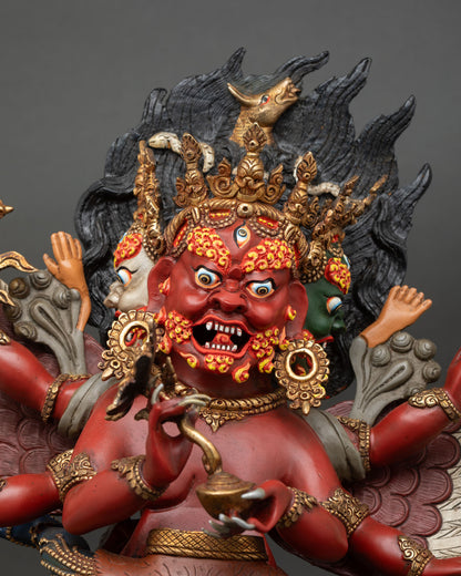 hayagriva face close up with three wrathful expressions, intricate crown and fiery halo details