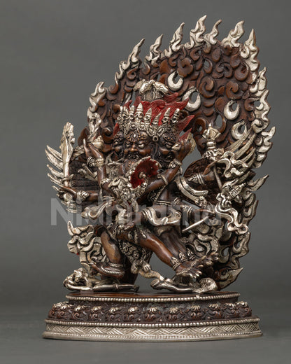 Hayagriva left-side view, multiple arms, ritual implements, oxidized copper, Nepalese Buddhist art