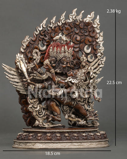 Hayagriva right-side view, sacred implements, carved wings, oxidized copper, Newari sculpture