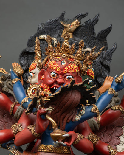 hayagriva statue close up showing handpainted details and gold gilded finish on copper body