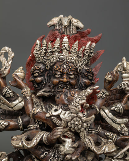Hayagriva statue close-up, oxidized copper, silver-plated details, lotus seat, Nepalese metalwork