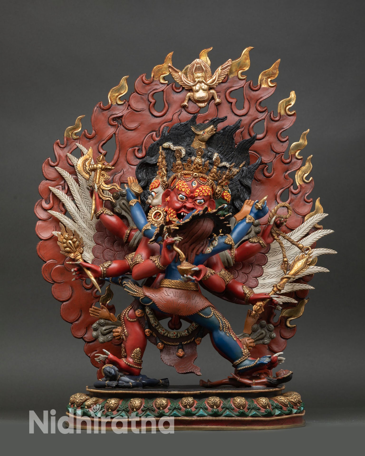 hayagriva statue front view with three heads, yab yum form, gold gilded copper buddhist sculpture