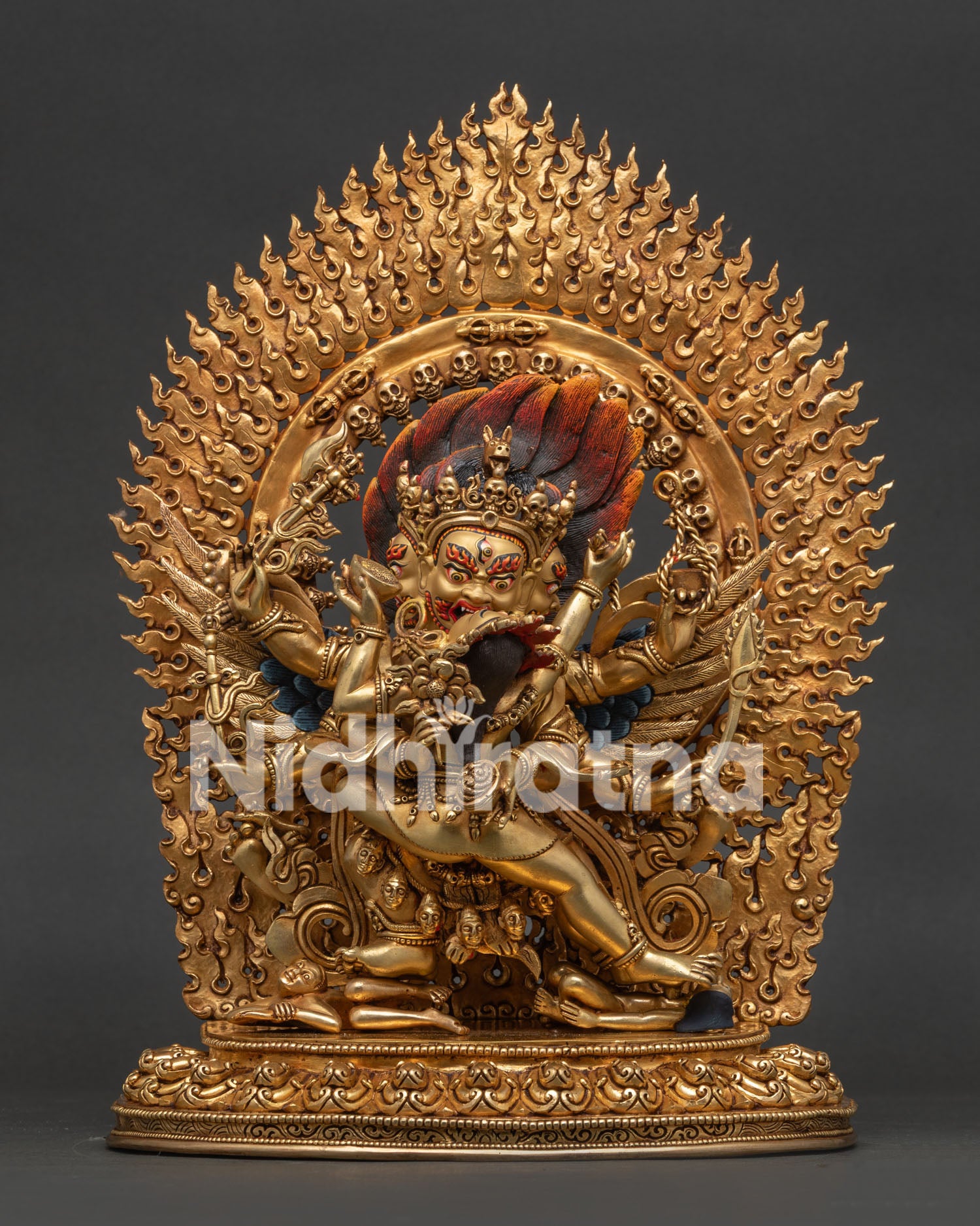 Hayagriva statue handcrafted in Nepal with gold gilding and copper details front view
