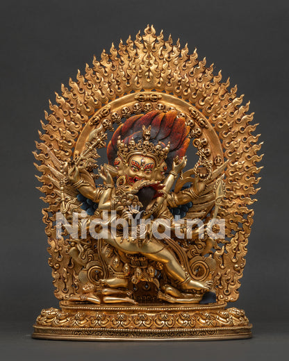 Hayagriva statue handcrafted in Nepal with gold gilding and copper details front view