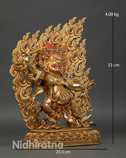 Hayagriva statue side view dynamic posture subduing figures lost wax cast Himalayan Buddhist sculpture meditation decor Nepal