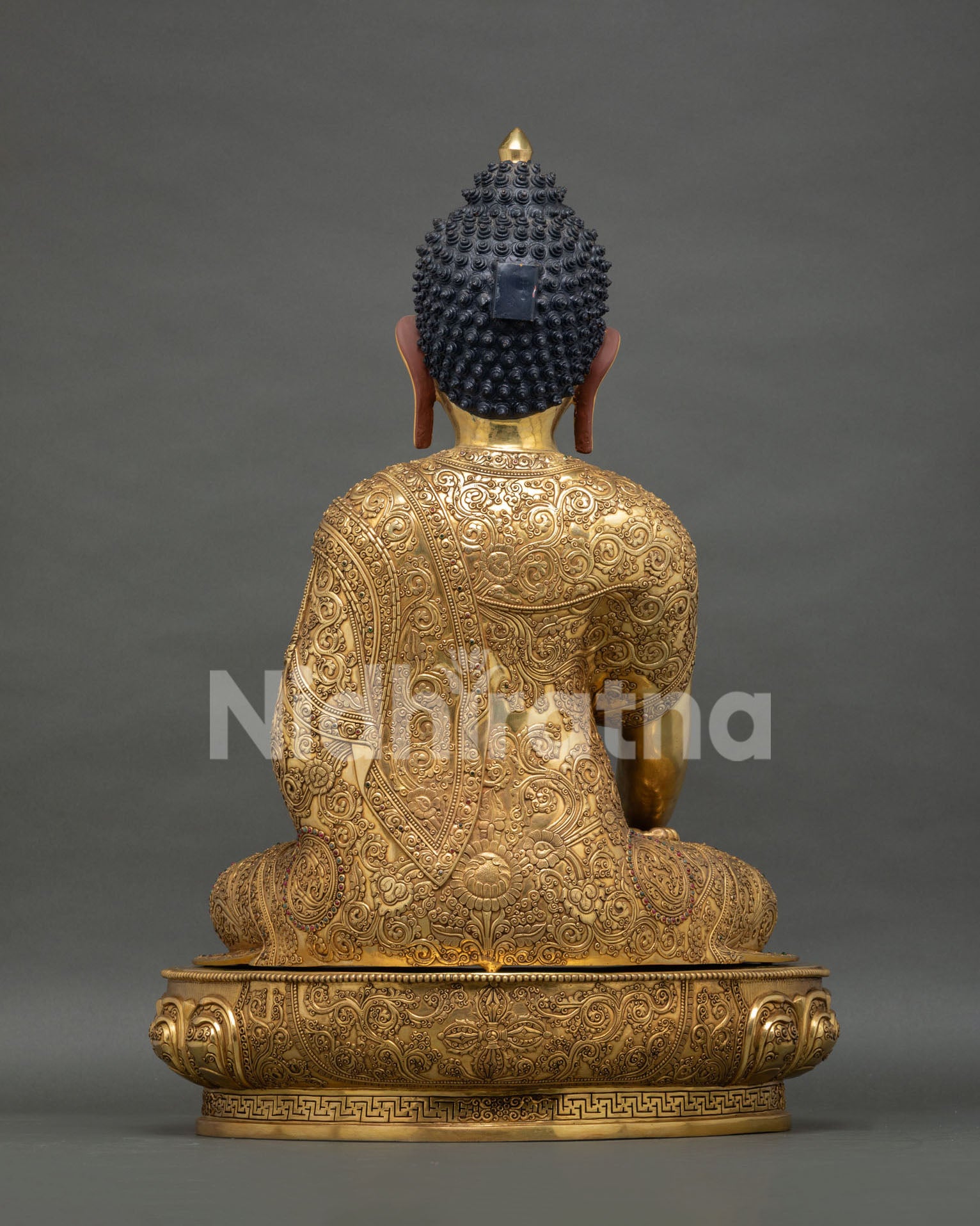 Heirloom Shakyamuni Buddha Statue Rear Perspective – Gold-Gilded Copper with Detailed Craftsmanship
