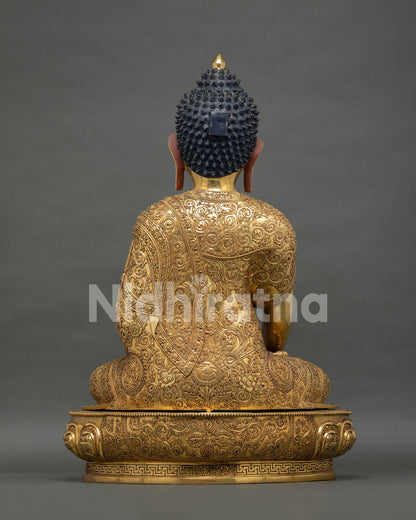 Heirloom Shakyamuni Buddha Statue Rear Perspective – Gold-Gilded Copper with Detailed Craftsmanship