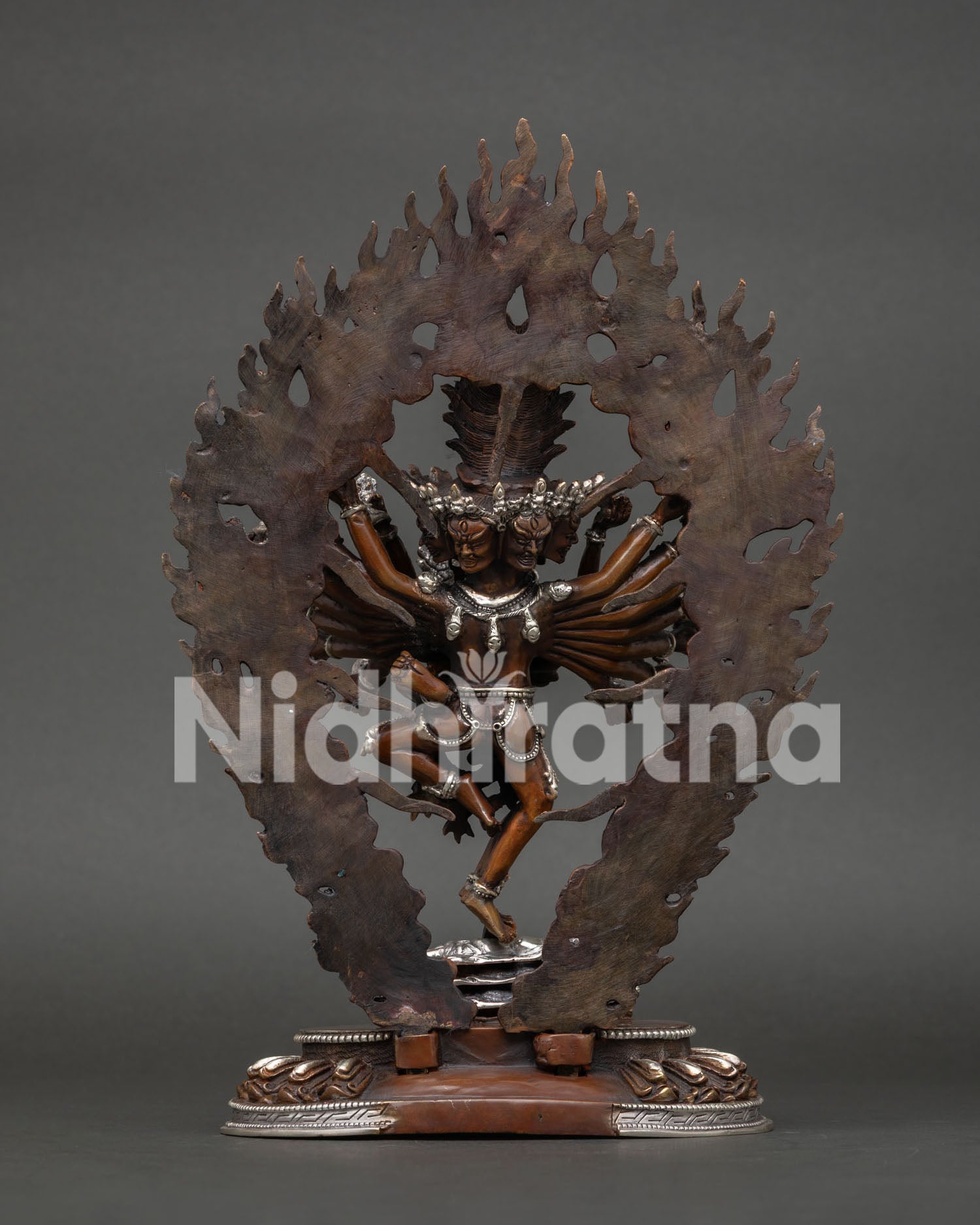 Hevajra statue handmade by Newari artisans from Patan Nepal with oxidized copper finish.