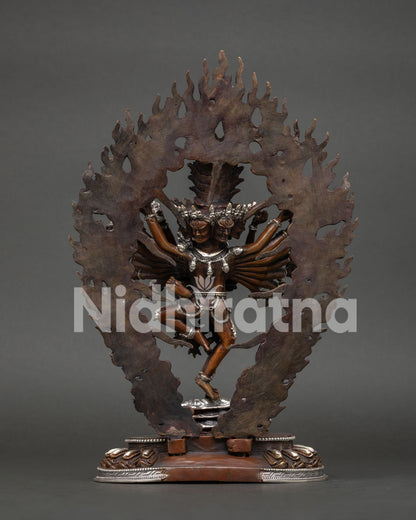 Hevajra statue handmade by Newari artisans from Patan Nepal with oxidized copper finish.