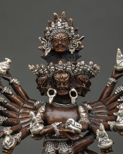 Hevajra statue silver plated details intricate engravings and Nepalese metal craftsmanship.