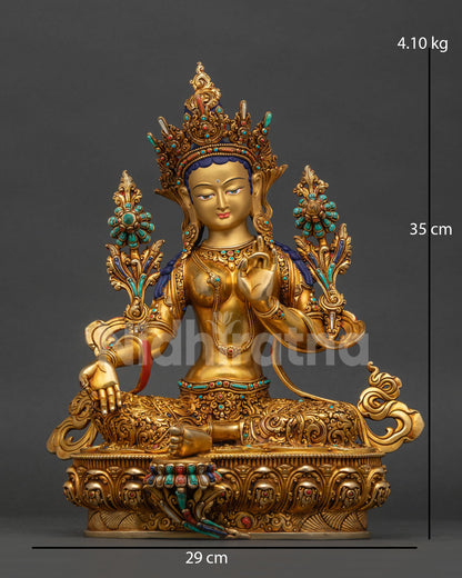 High-quality Green Tara statue from Nepal handmade by Newari artists, front view