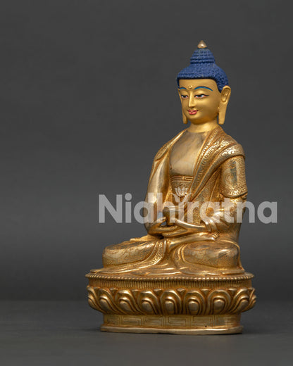 Himalayan Amitabha Buddha sculpture holding patra for meditation altar and sacred decor.