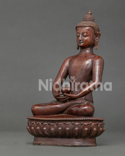 Himalayan Amitabha Buddha Statue on Lotus Throne Oxidized Copper Side View.