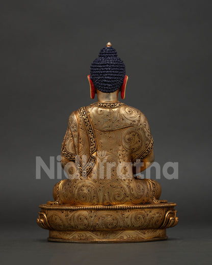 Himalayan Amitabha Buddha statue with sacred alms bowl and gold fire gilded finish.
