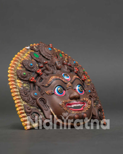 Himalayan Bhairav Wall Mask in Oxidized Copper with Acrylic Detailing