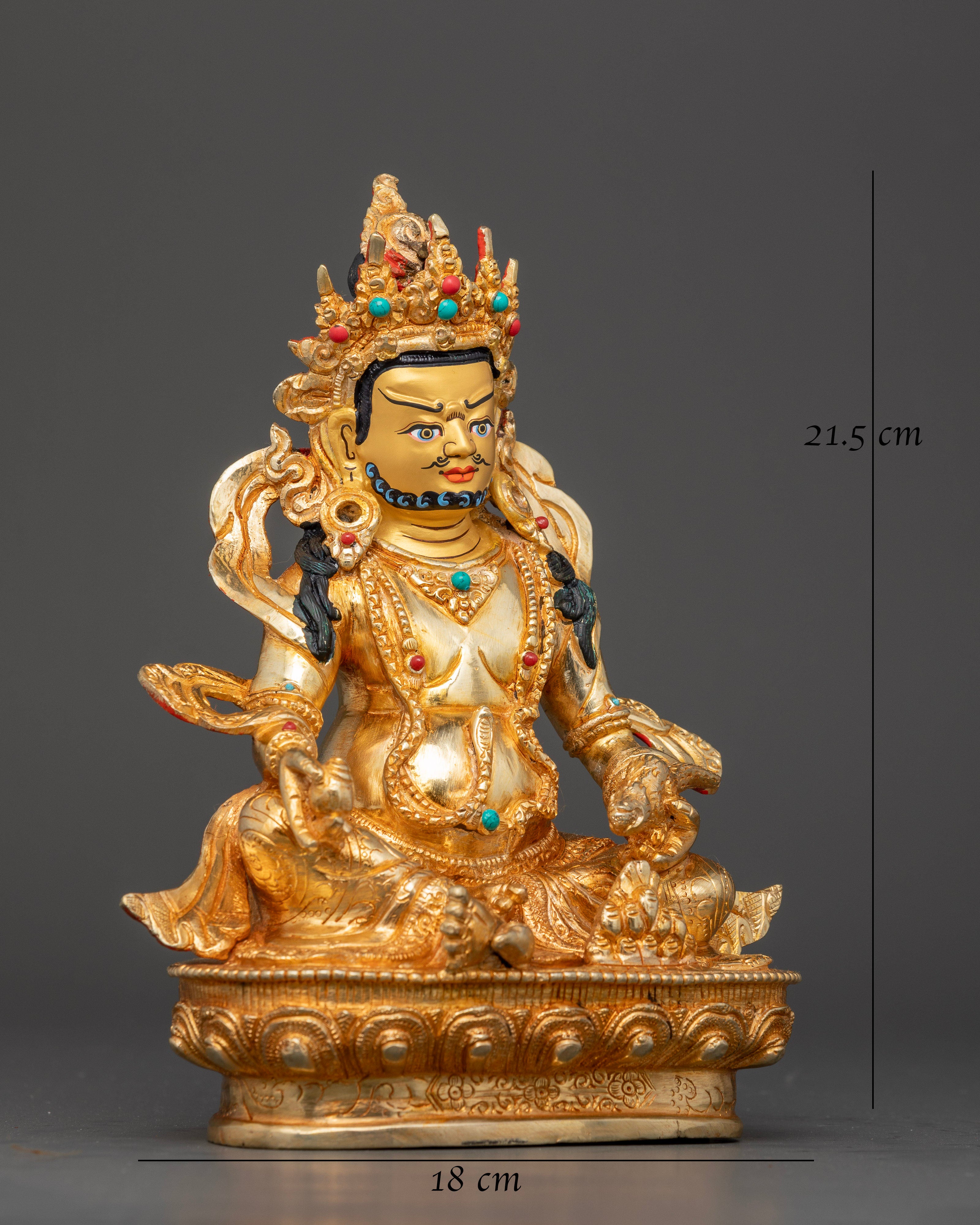 Himalayan Buddhist wealth deity holding mongoose and citron fruit in handcrafted copper sculpture