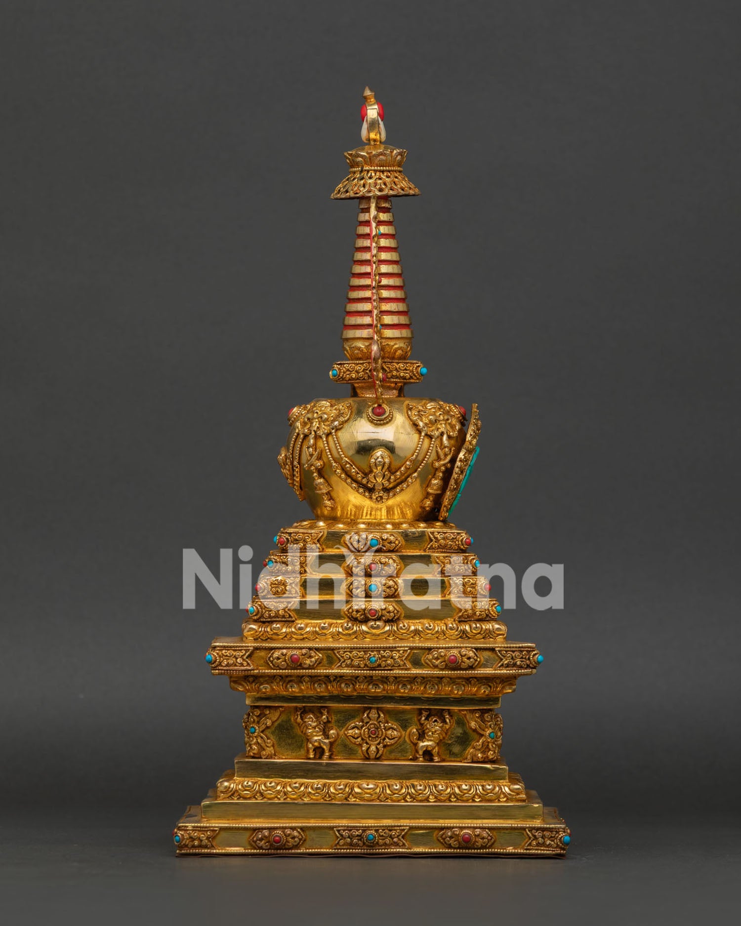 Himalayan Copper Buddhist Stupa with Semi Precious Stones for Meditation Altar