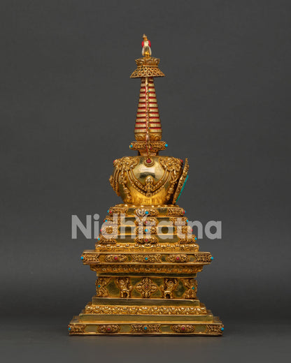 Himalayan Copper Buddhist Stupa with Semi Precious Stones for Meditation Altar