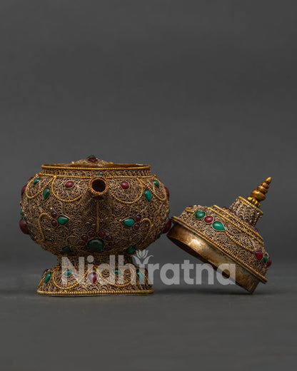Himalayan Decorative Tea Pot Featuring Fine Filigree Metalwork Craftsmanship