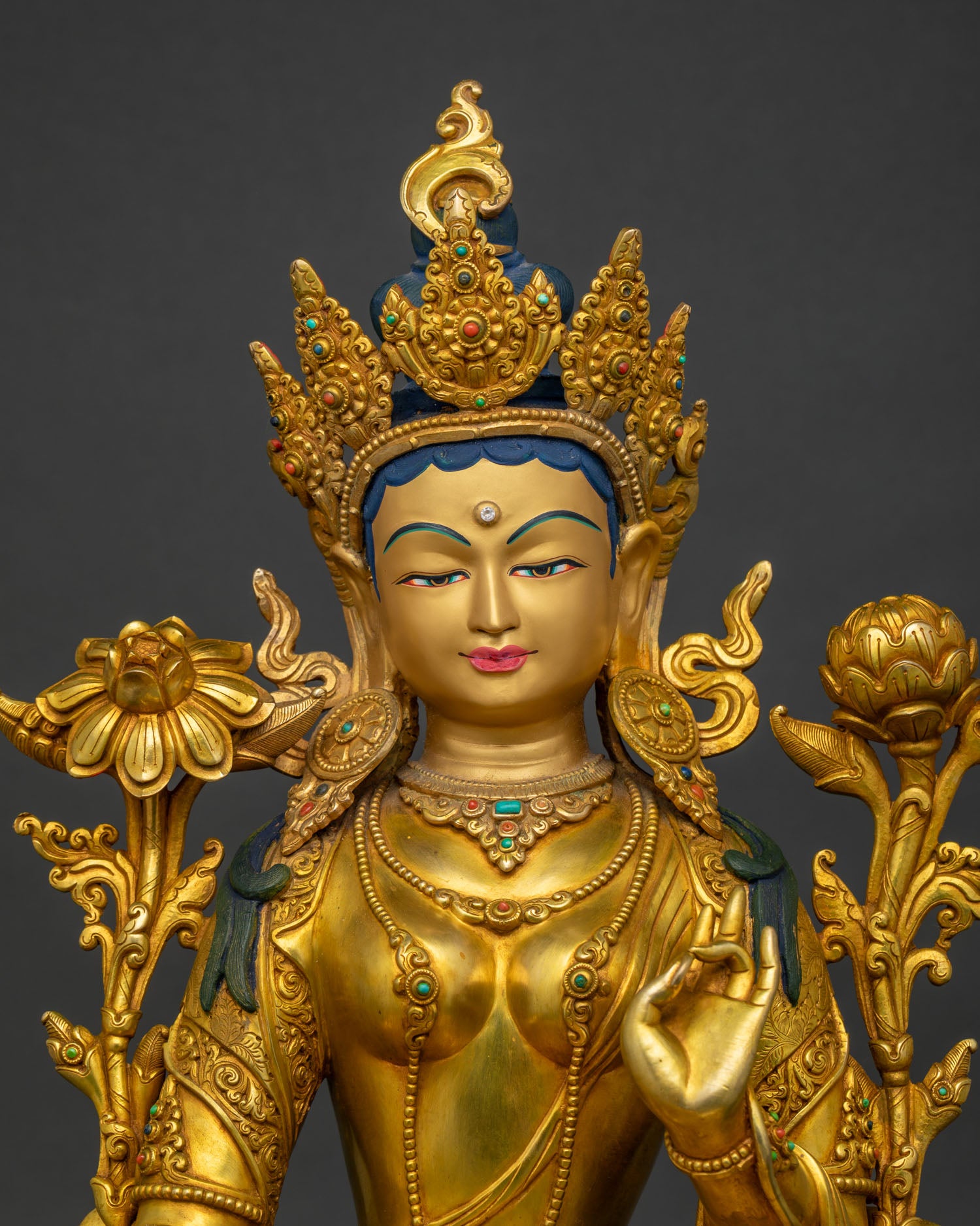 Shop Himalayan Green Tara Buddhist Statue with Gold-Painted Face Close-Up