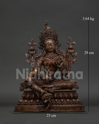 Himalayan Green Tara statue with chemically oxidized copper finish.