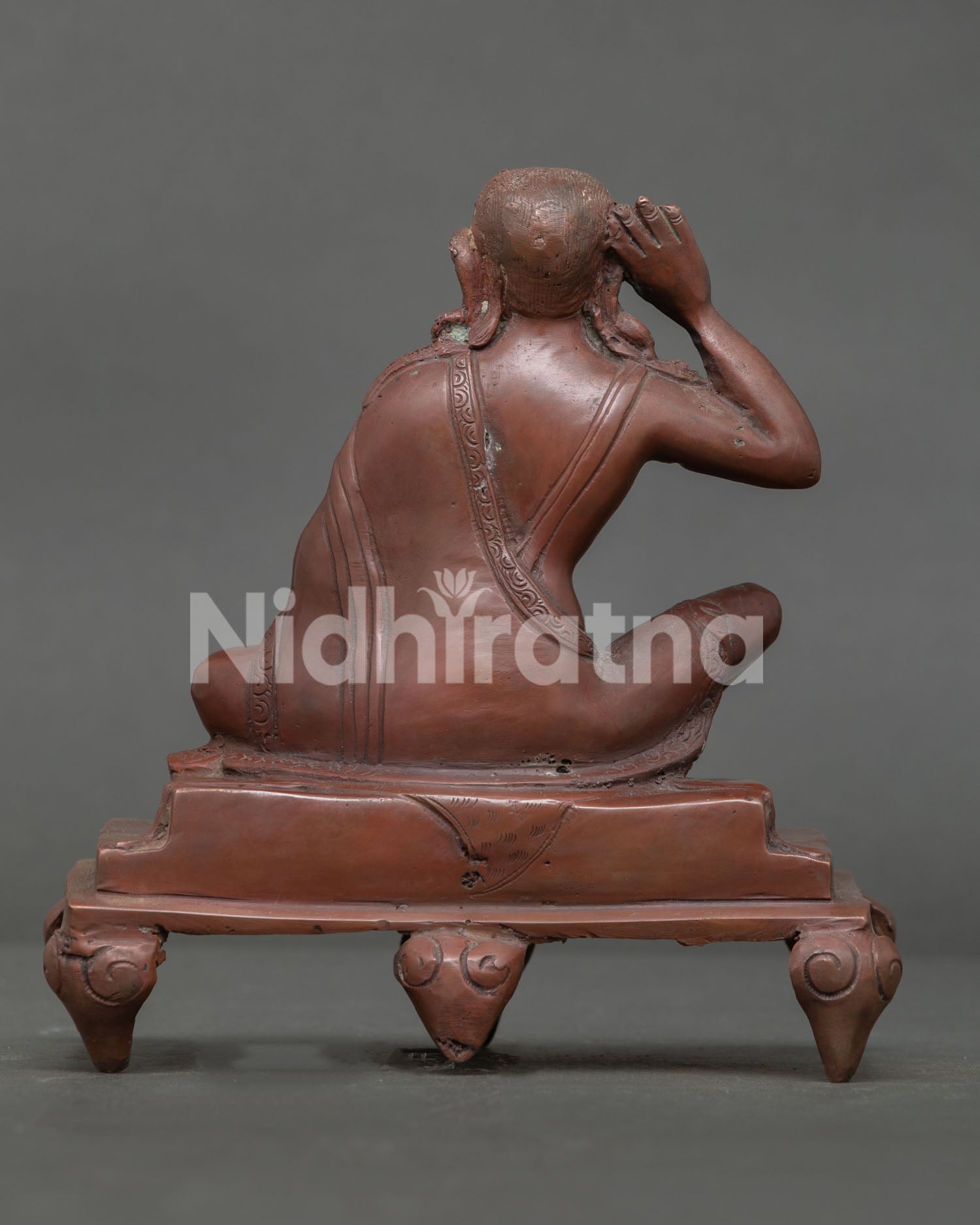 Himalayan Milarepa Statue Handcrafted in Nepal with Ornate Throne and Deer Skin.