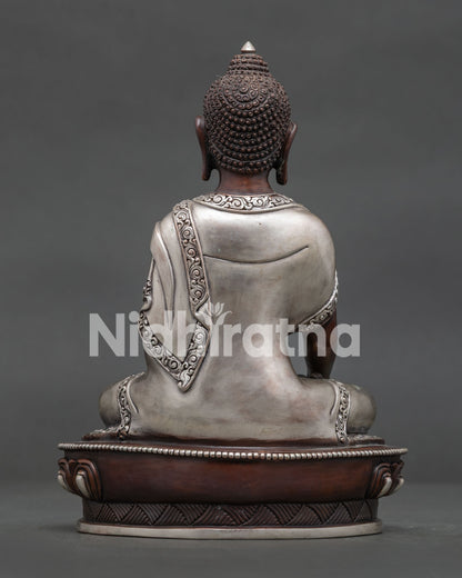 Himalayan Shakyamuni Buddha sculpture with oxidized silver finish Buddhist artwork.