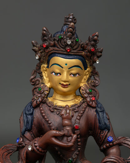 Himalayan Vajrasattva Statue with Semi Precious Gemstones and Vajra Bell.
