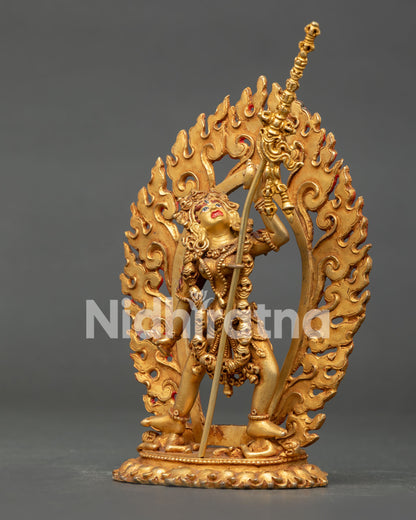 Himalayan Vajrayogini sculpture with blazing flame halo and sacred Buddhist symbolism.