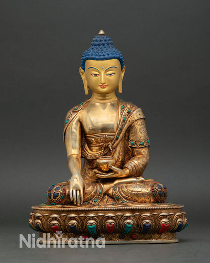 Historical Buddha statue front view, copper 24K gold fire gilded Shakyamuni Buddha meditation art 