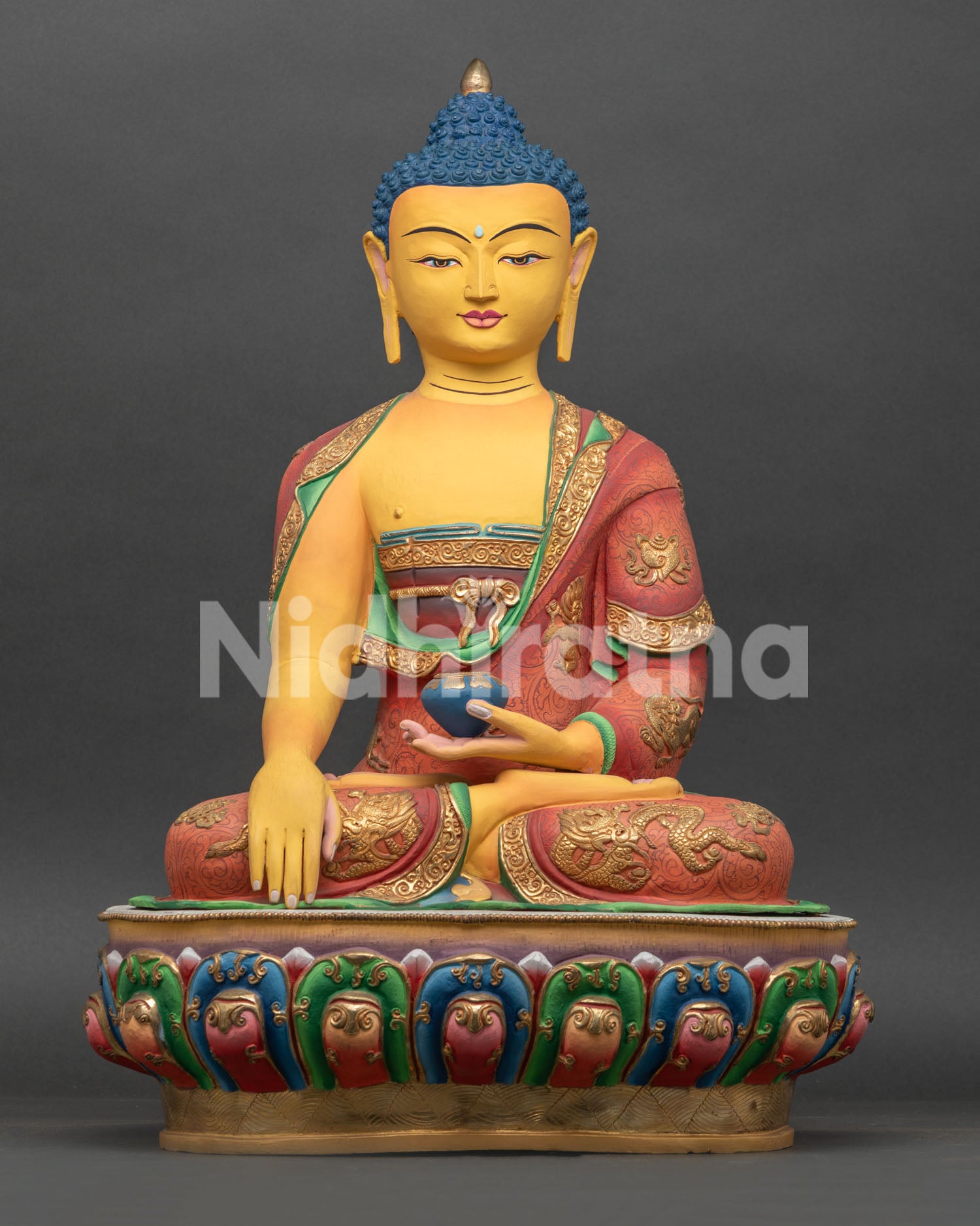 Historical Shakyamuni Buddha Statue handcrafted in Nepal with acrylic painted copper and gold gilding