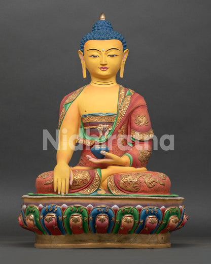 Historical Shakyamuni Buddha Statue handcrafted in Nepal with acrylic painted copper and gold gilding