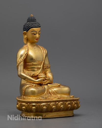 Sacred hollow chamber at base of Amitabha Buddha statue for storing mantras or relics, following Pure Land Buddhist consecration traditions