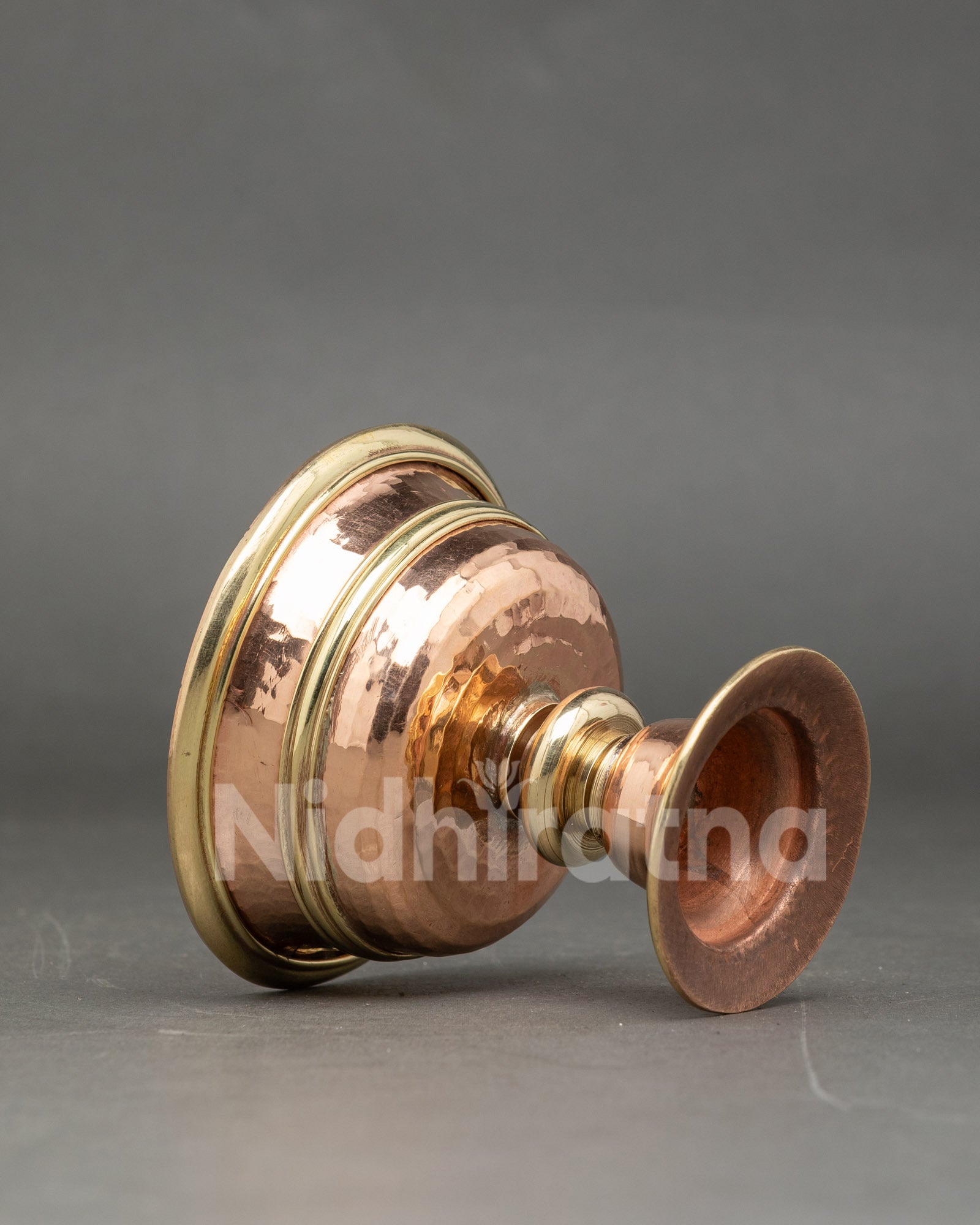 Side view of two butter lamps, Himalayan copper altar decor Chome set from Nepal
