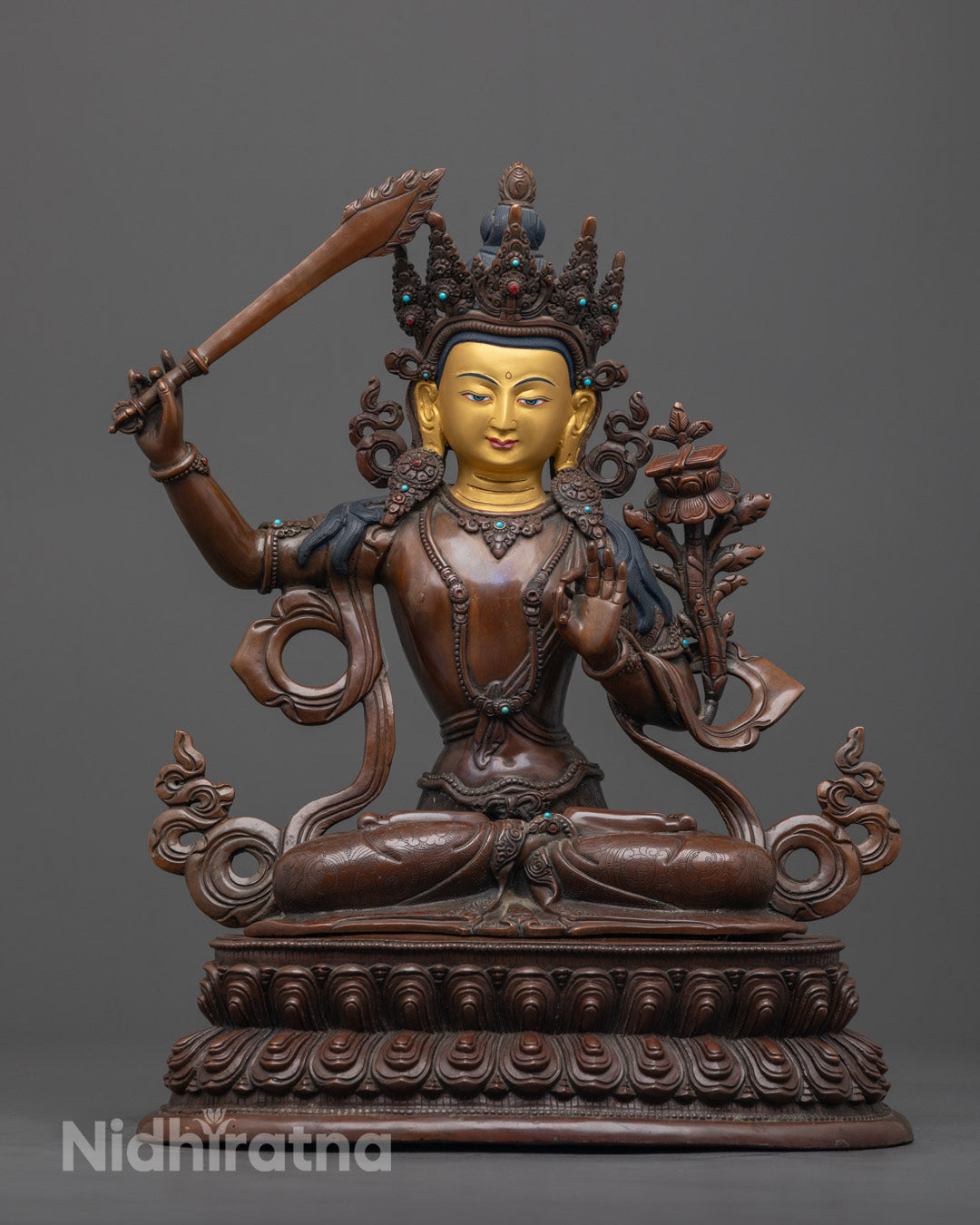 image of Hand-Carved Manjushri Statue with Sword and Scripture on Double Lotus Base