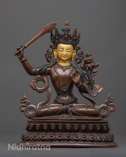 image of Hand-Carved Manjushri Statue with Sword and Scripture on Double Lotus Base