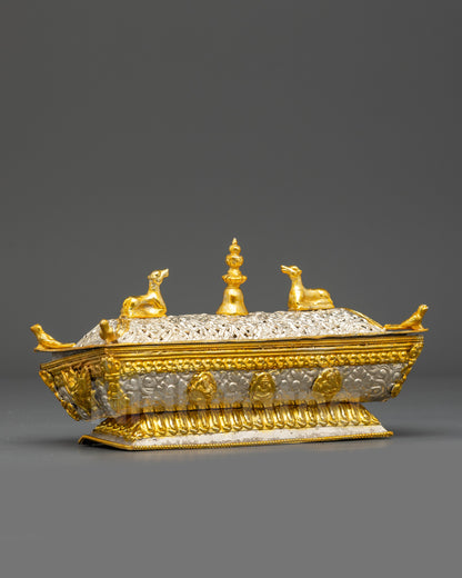 incense burner lid showing Dharma Wheel, deer, and bird motifs, Nepalese Buddhist craftsmanship