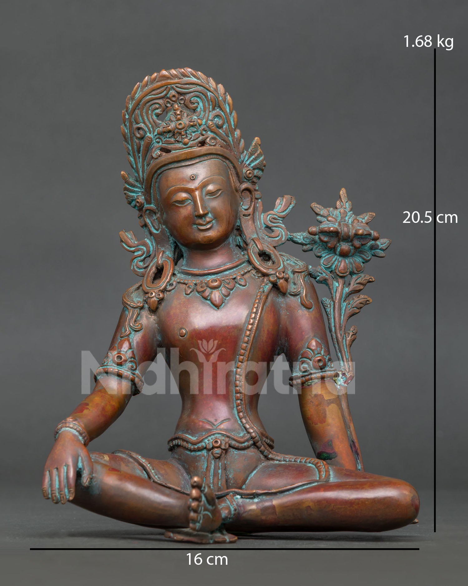 Indra Statue Chemically Oxidized Copper Antique Finish Front View.