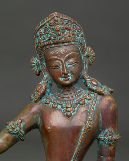 Indra statue face close up highlighting ornate tiara and intricate Newari craftsmanship.