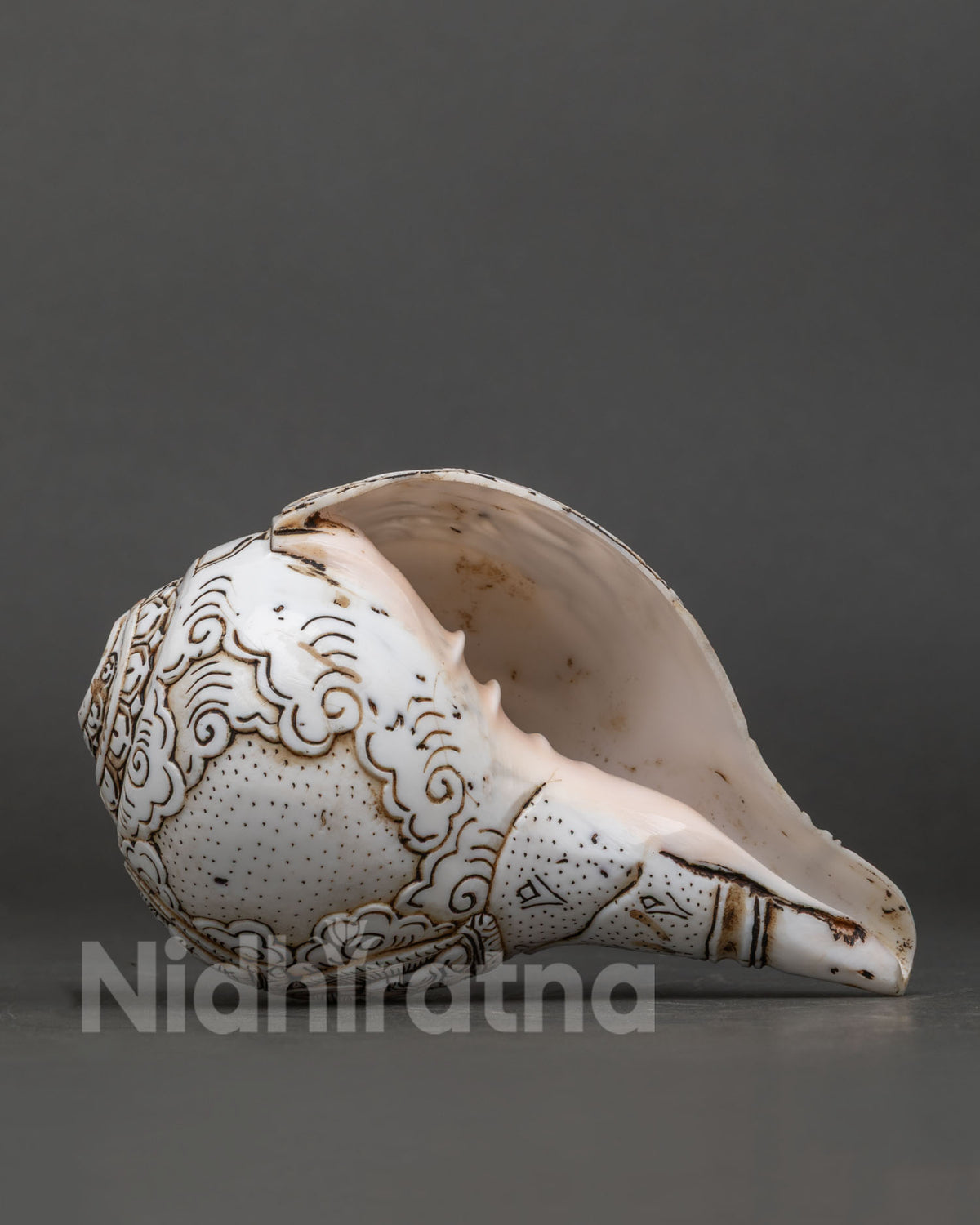 Interior aperture opening of a hand-carved Nepalese Buddha ritual conch