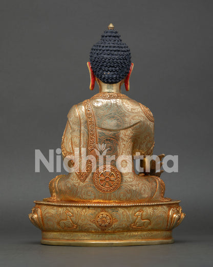 Intricate Kasaya Robe of Copper Medicine Buddha Statue with 3D Floral Carvings