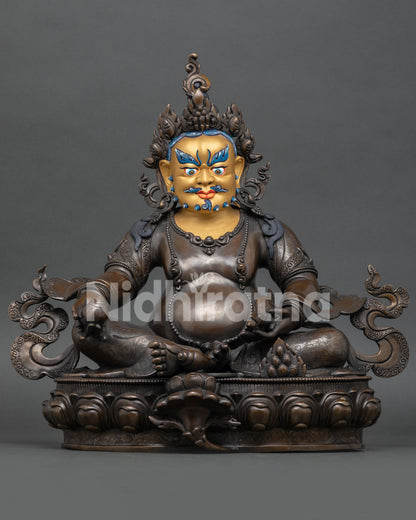 Jambhala statue, handmade copper, Buddhist wealth deity with oxidized finish from Nepal
